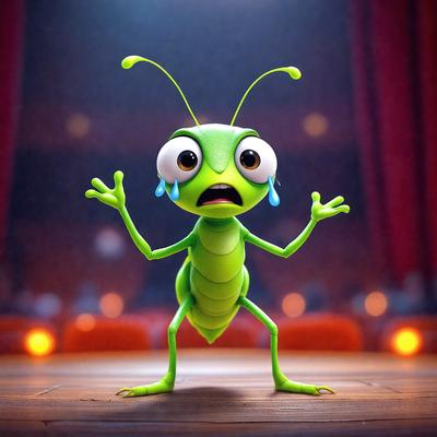 The primary subject of the image is a cartoon-like green insect, possibly a grasshopper or a lizard, with a tear in its eye. The insect is standing on a wooden stage or floor, which serves as the setting for the scene. The visual style of the image is a combination of photo and digital art, creating a unique and engaging appearance. The colors and mood of the image are predominantly green, with a hint of blue, giving it a playful and lighthearted atmosphere.